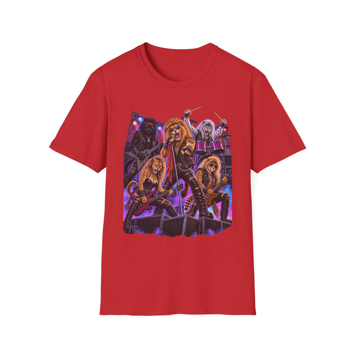 Neon Lights Retro 80s Big Cat Rock Band Graphic Tee