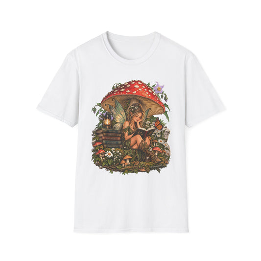 Fairy Reading Under Mushroom T-Shirt — Woodland Fantasy Booklover Tee