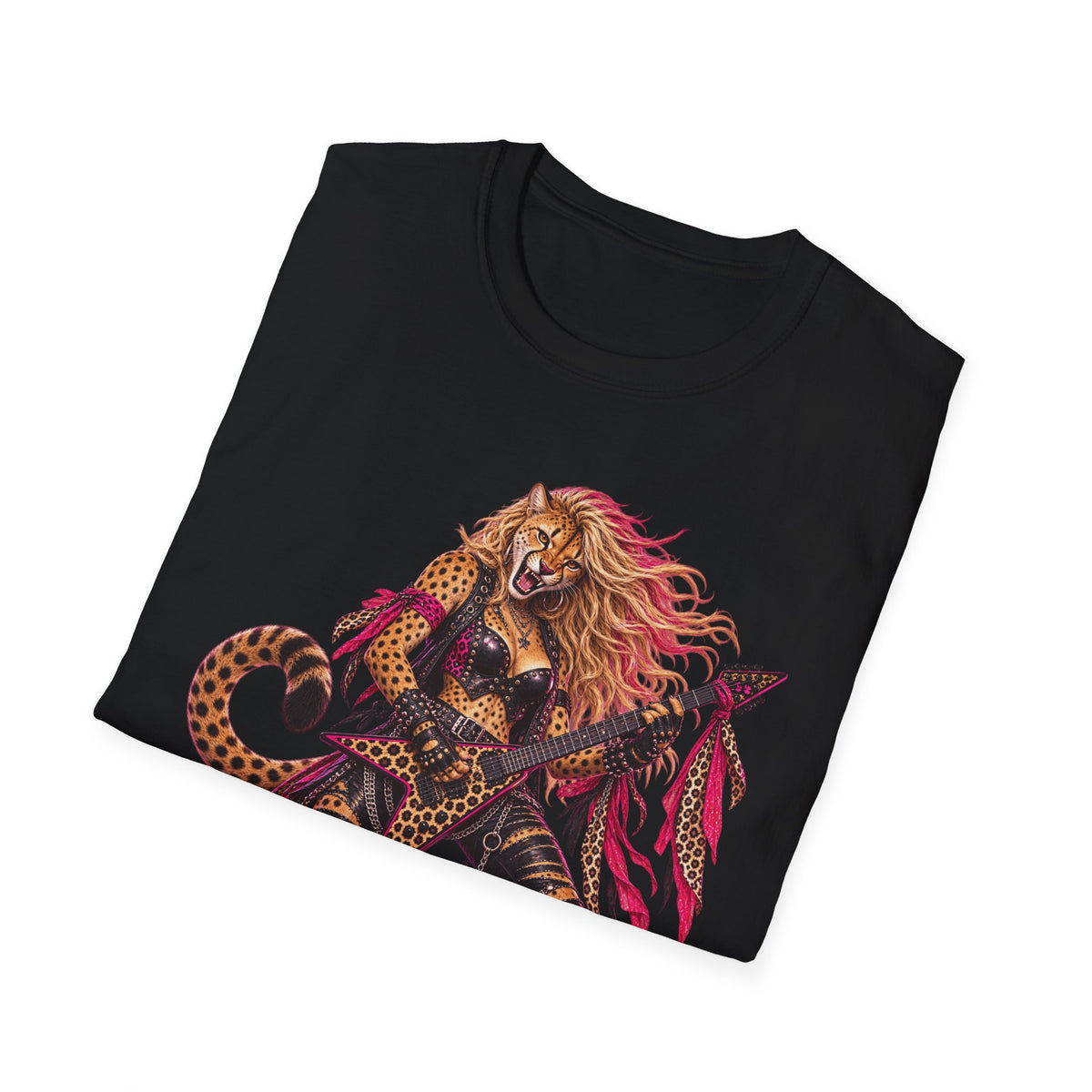 Glam Metal Cheetah Guitarist T-Shirt — Retro 80s Rock Woman Graphic Tee