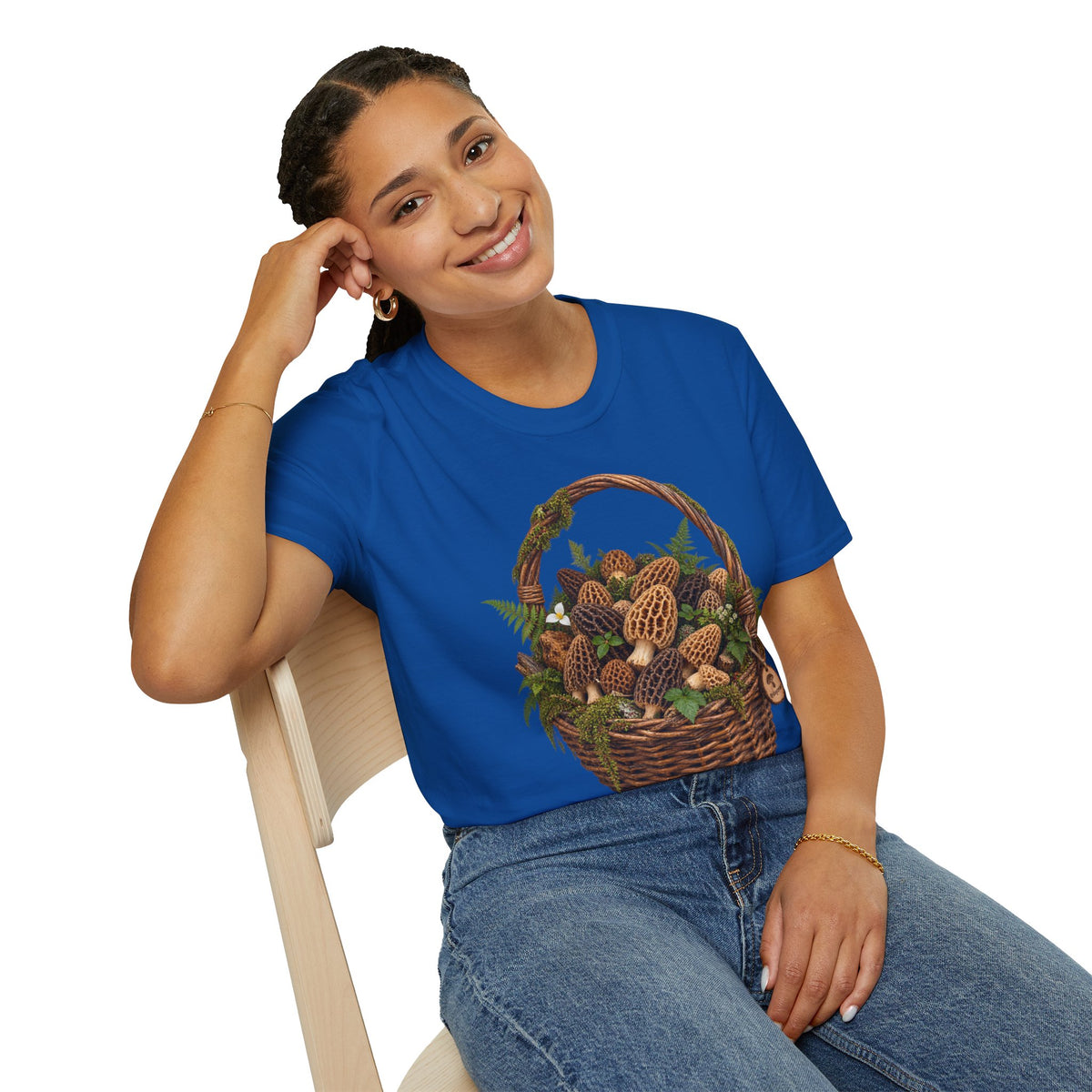 Morel Mushroom Basket T-Shirt Woodland Foraging Nature Graphic Tee Unisex Softstyle T-Shirt