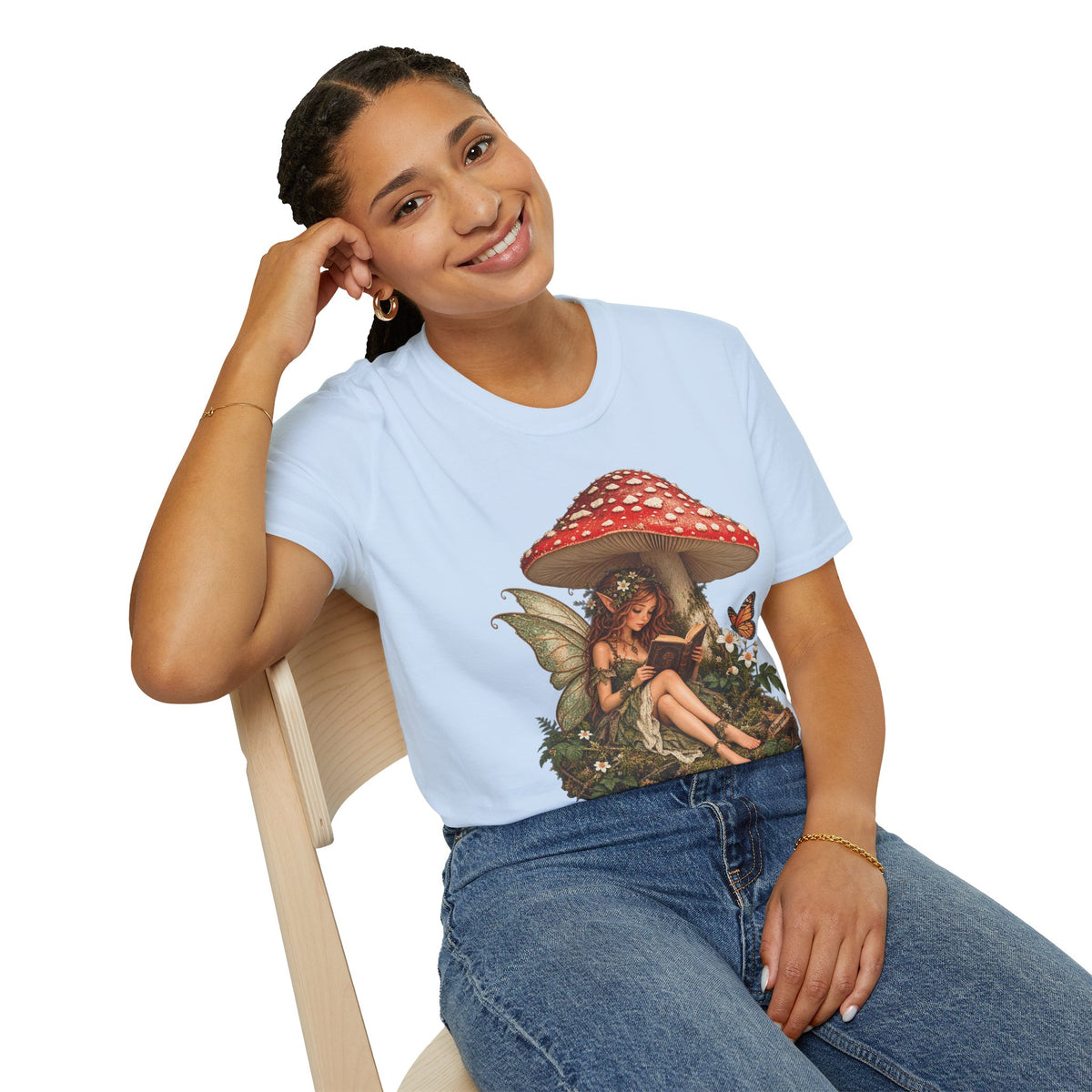 Fairy Mushroom T-Shirt — Woodland Fairy Reading Under Red Toadstool
