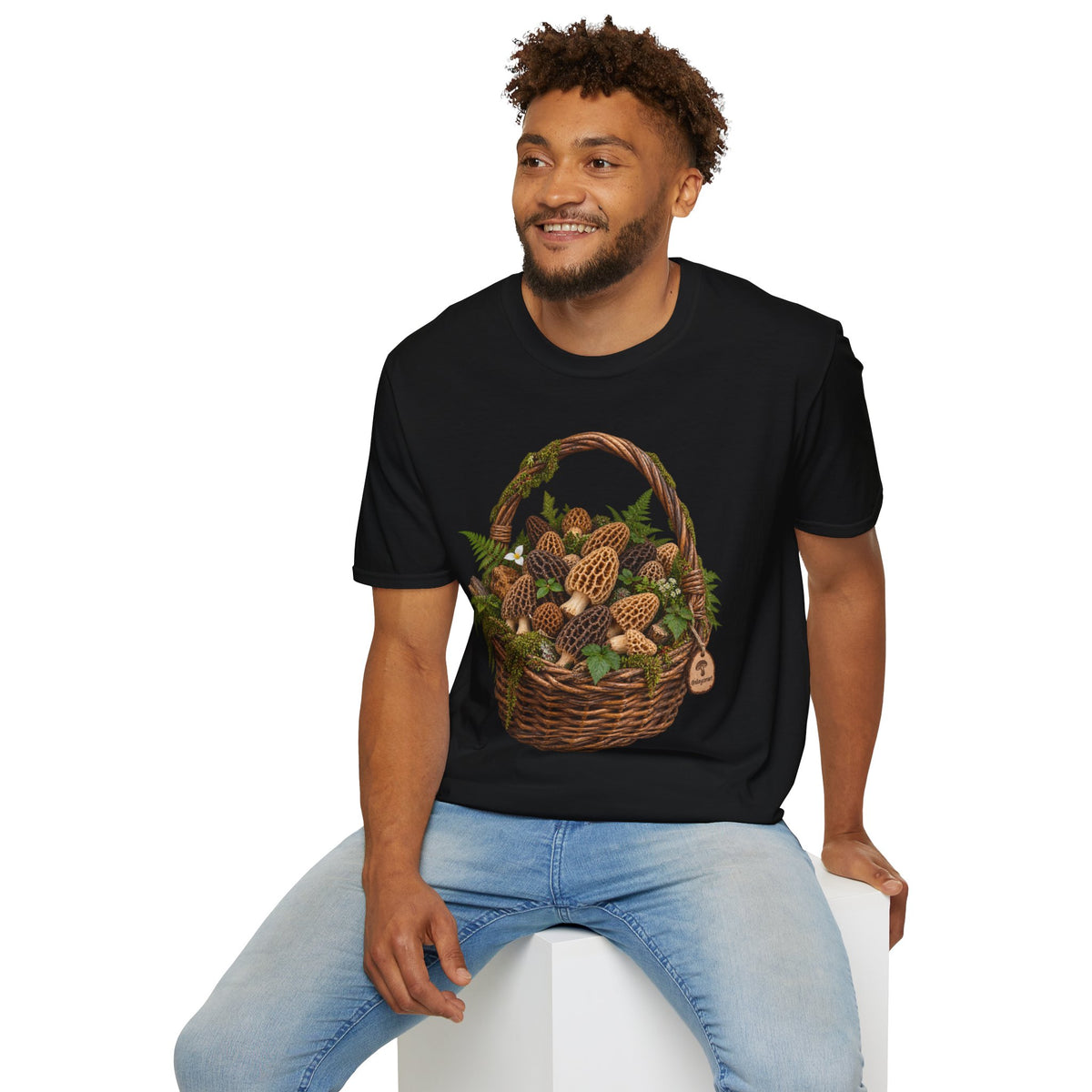 Morel Mushroom Basket T-Shirt Woodland Foraging Nature Graphic Tee Unisex Softstyle T-Shirt