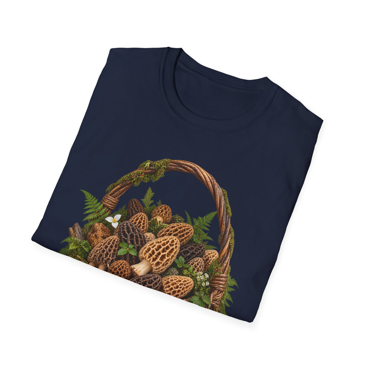 Morel Mushroom Basket T-Shirt Woodland Foraging Nature Graphic Tee Unisex Softstyle T-Shirt