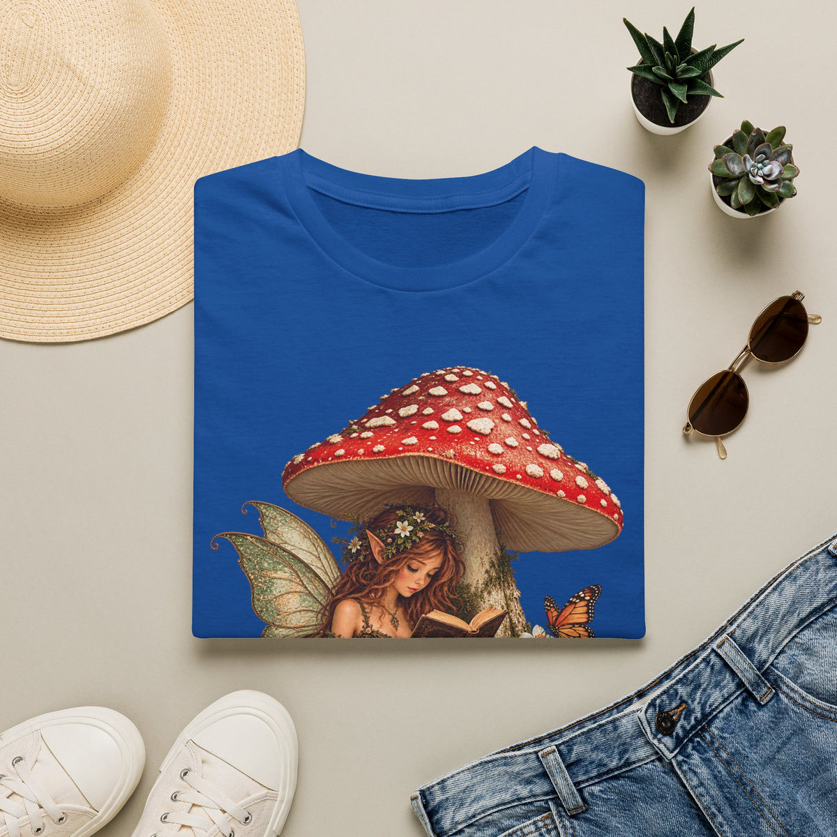 Fairy Mushroom T-Shirt — Woodland Fairy Reading Under Red Toadstool