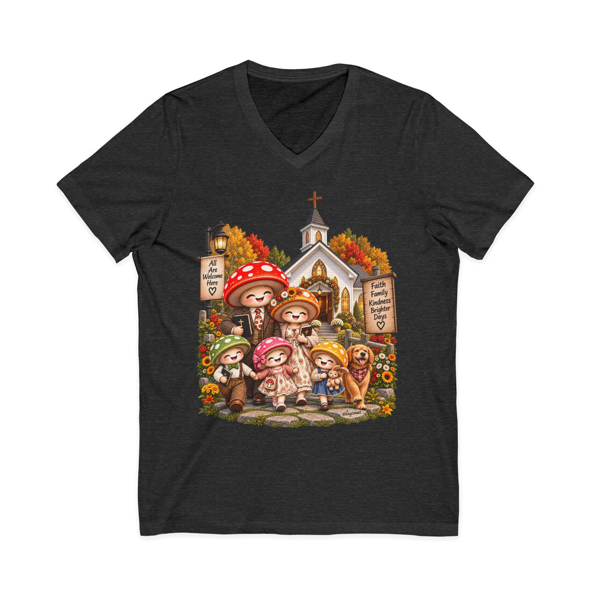 Mushroom Family Sunday Church Jersey Short Sleeve V-Neck Tee
