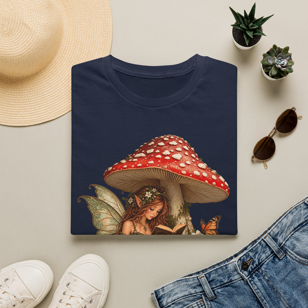 Fairy Mushroom T-Shirt — Woodland Fairy Reading Under Red Toadstool