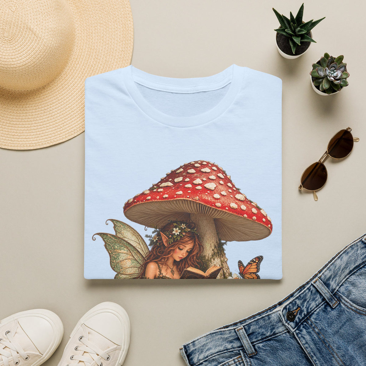 Fairy Mushroom T-Shirt — Woodland Fairy Reading Under Red Toadstool