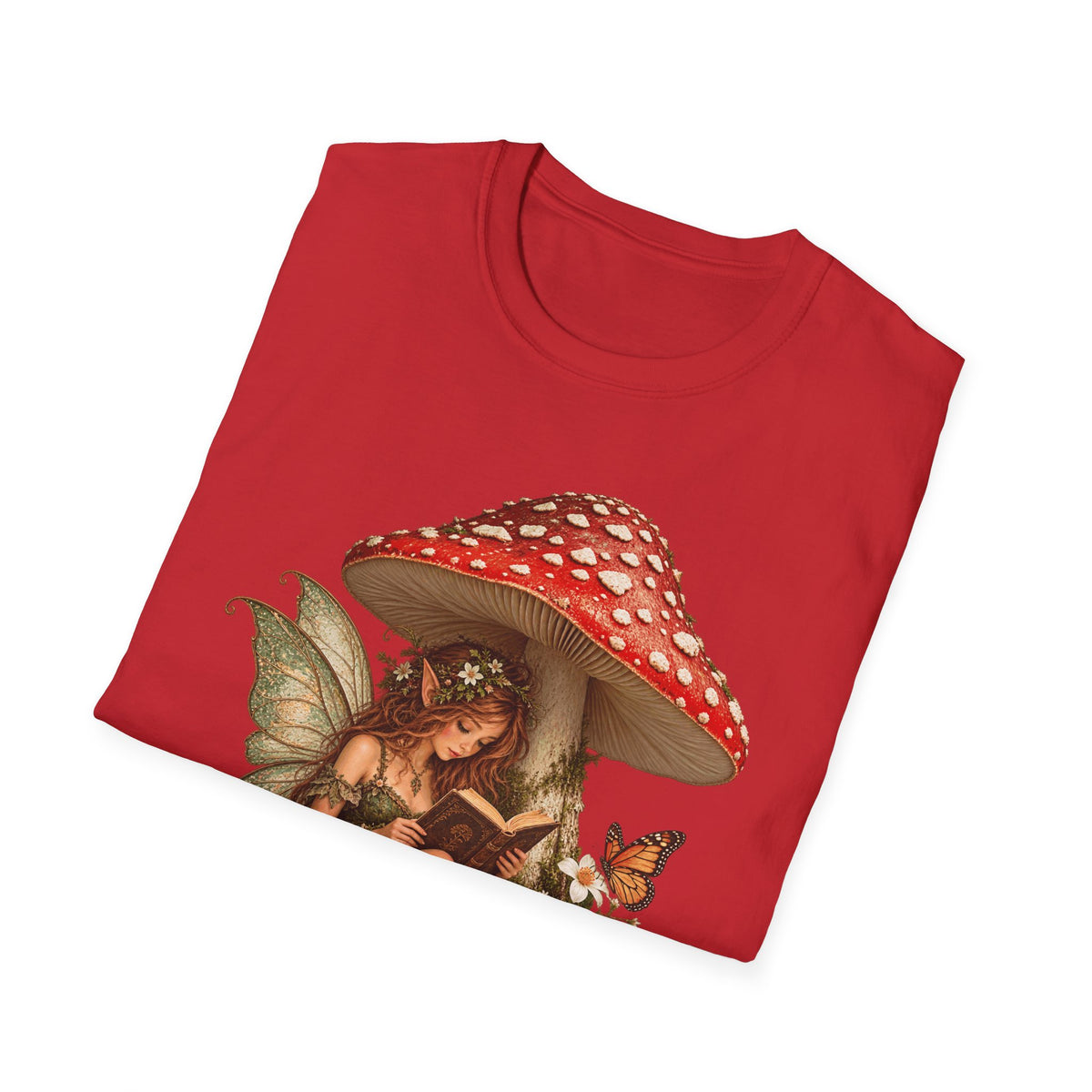 Fairy Mushroom T-Shirt — Woodland Fairy Reading Under Red Toadstool