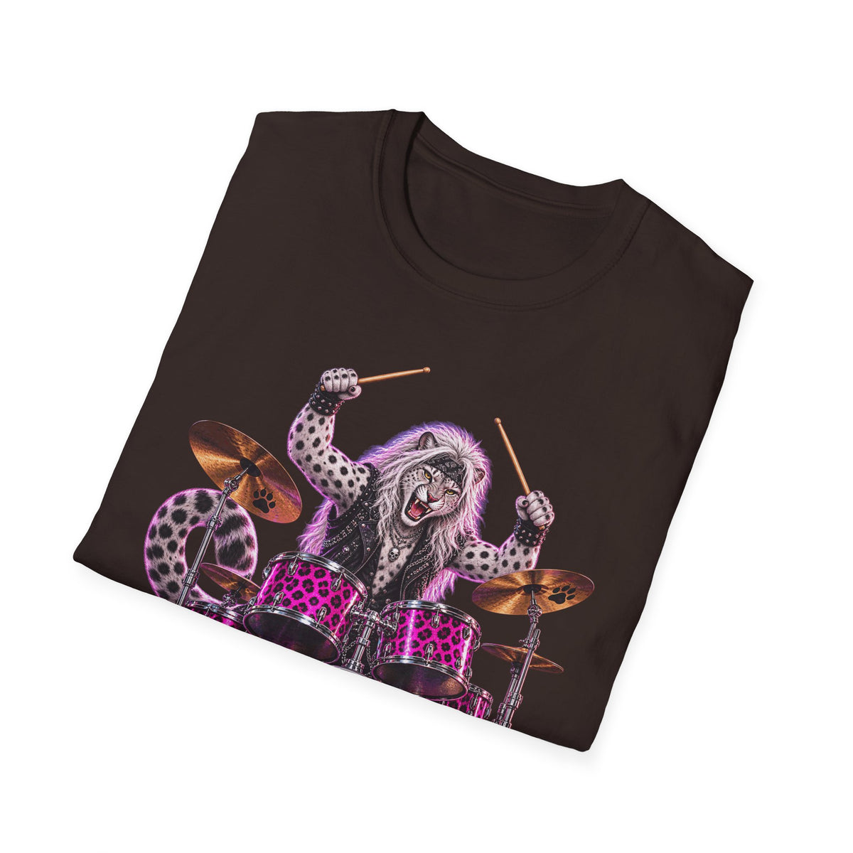 Drumming Snow Leopard T-Shirt — Cute Rock Band Animal Drum Kit Tee