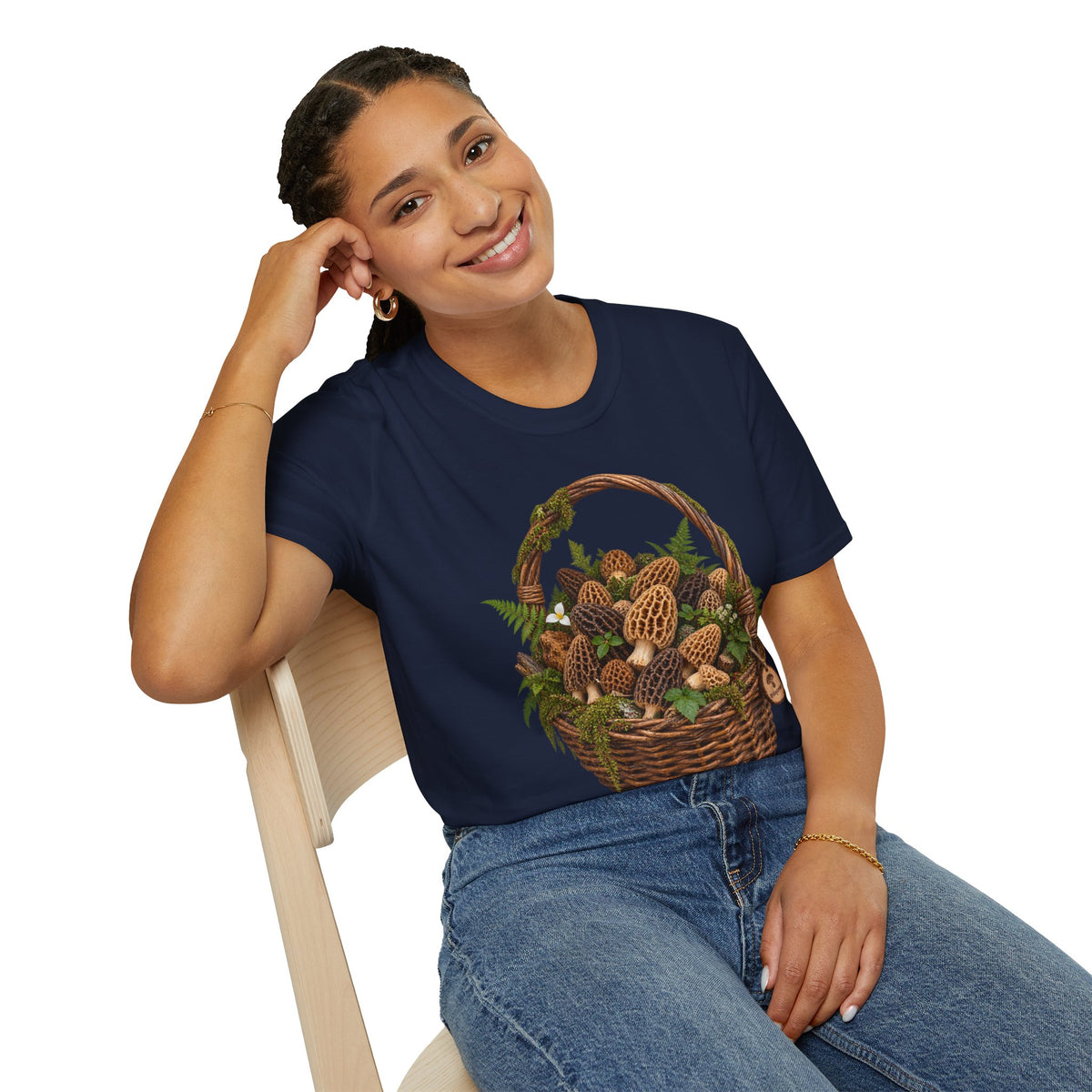Morel Mushroom Basket T-Shirt Woodland Foraging Nature Graphic Tee Unisex Softstyle T-Shirt