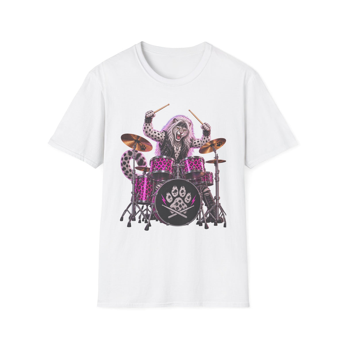 Drumming Snow Leopard T-Shirt — Cute Rock Band Animal Drum Kit Tee