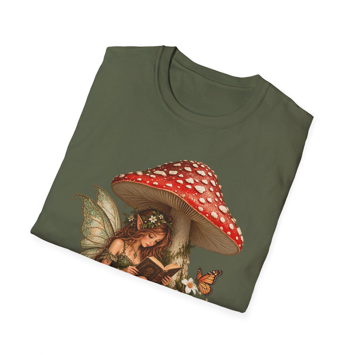 Fairy Mushroom T-Shirt — Woodland Fairy Reading Under Red Toadstool
