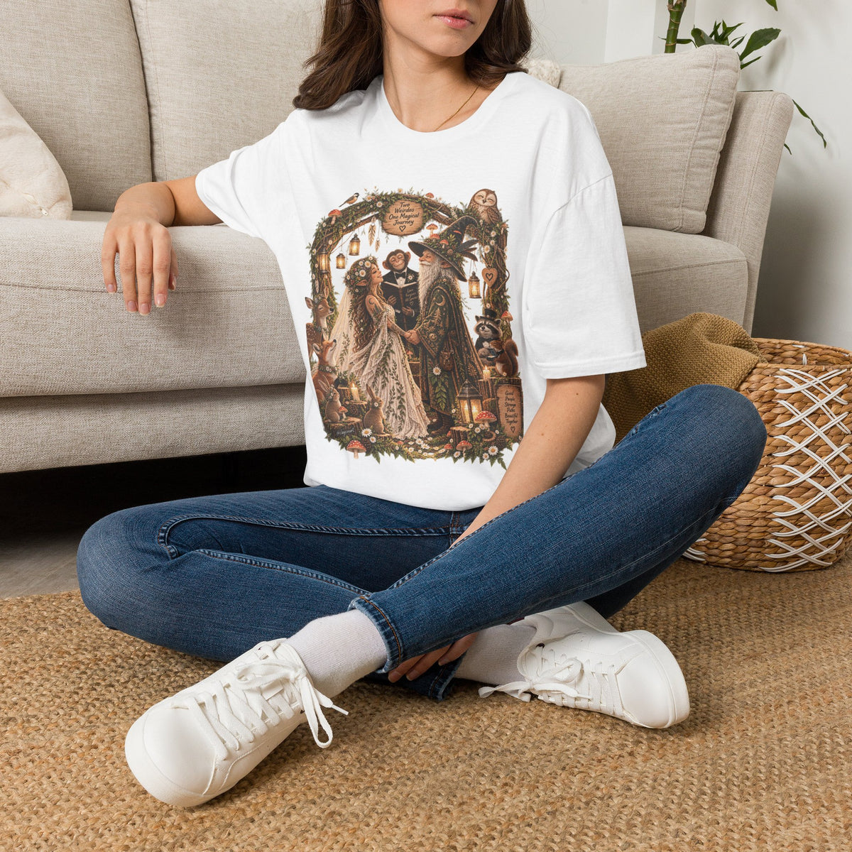 Woodland Wizard Wedding Fantasy T-Shirt — Fairy Tale Bride & Groom Illustration