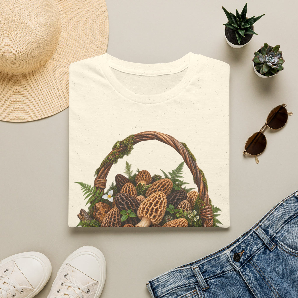 Morel Mushroom Basket T-Shirt Woodland Foraging Nature Graphic Tee Unisex Softstyle T-Shirt