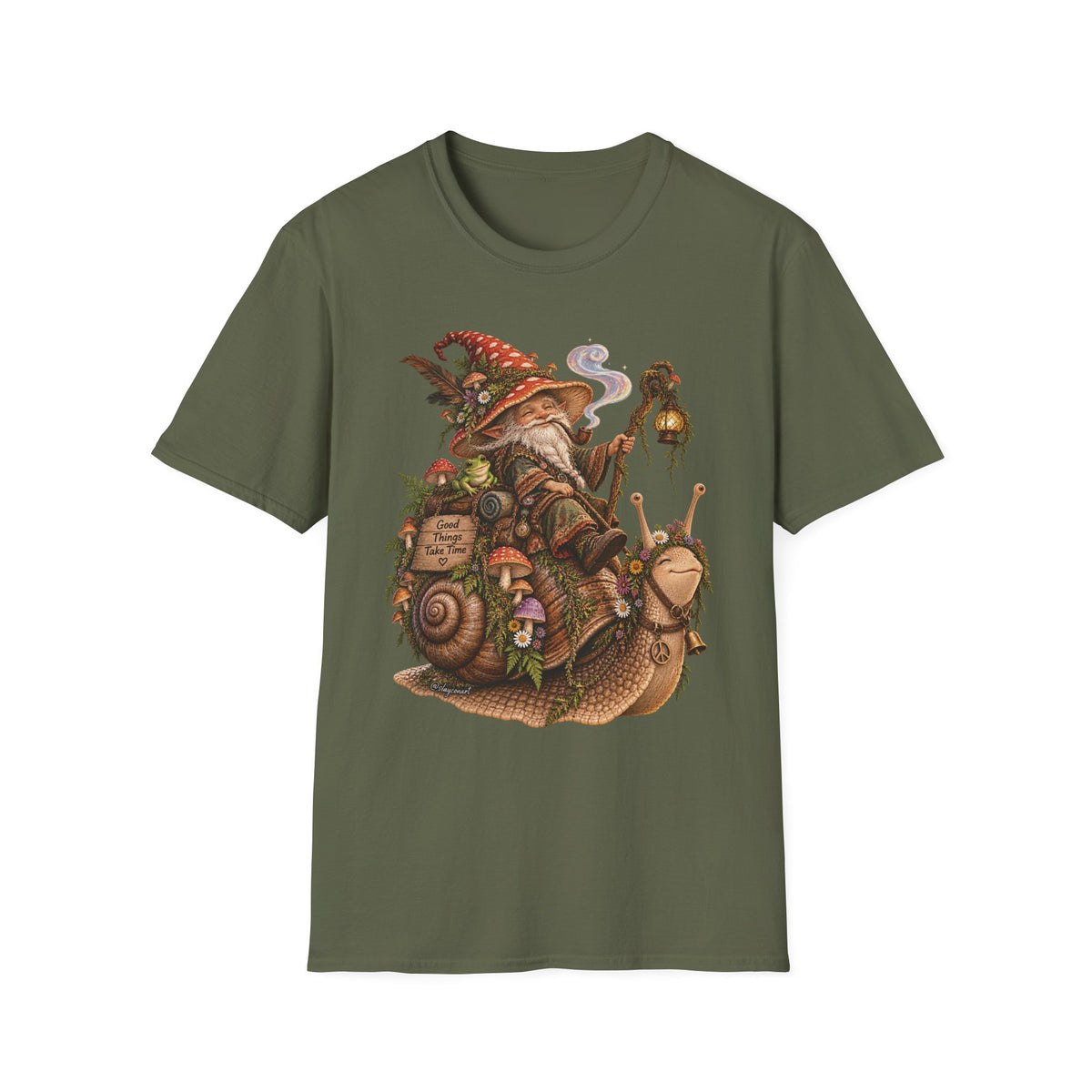 Mushroom Wizard Riding Snail T-Shirt  Whimsical Fantasy Illustration Tee