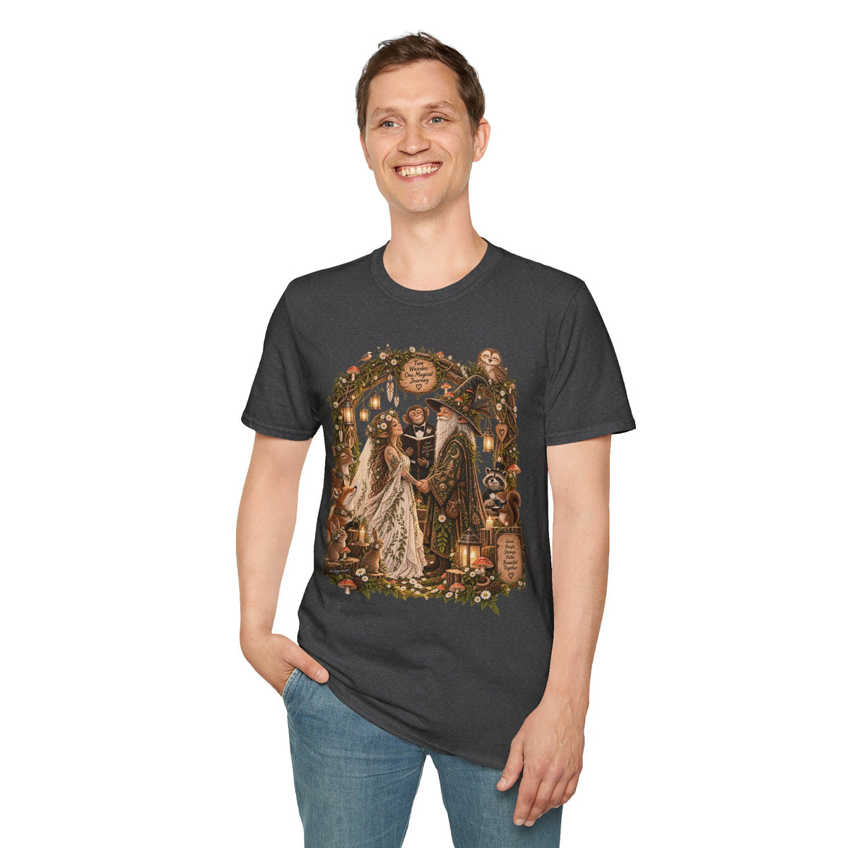 Woodland Wizard Wedding Fantasy T-Shirt — Fairy Tale Bride & Groom Illustration