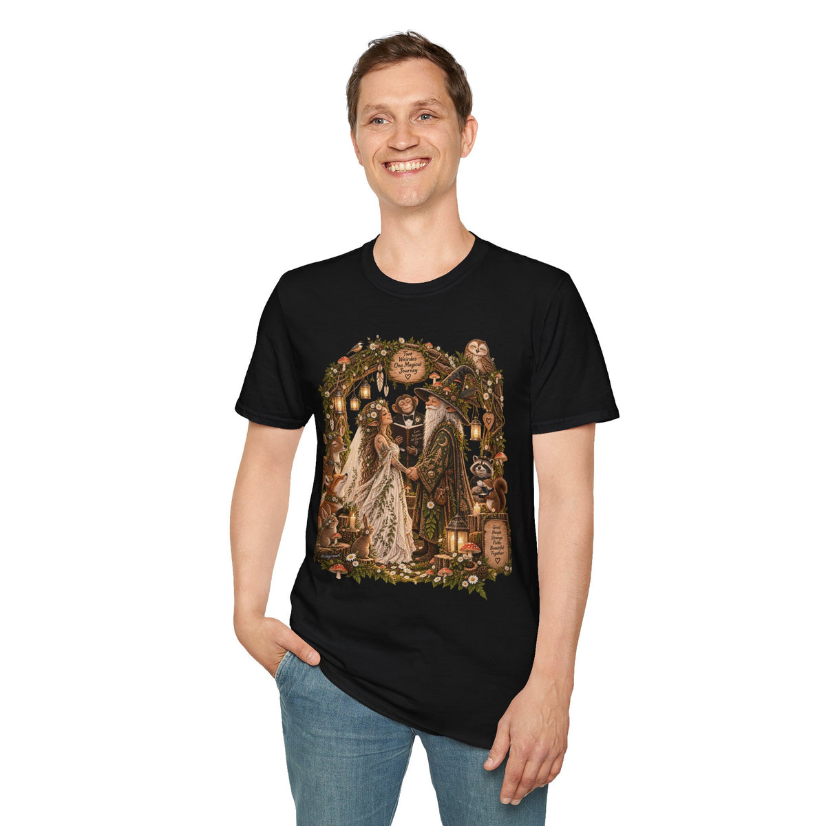 Woodland Wizard Wedding Fantasy T-Shirt — Fairy Tale Bride & Groom Illustration