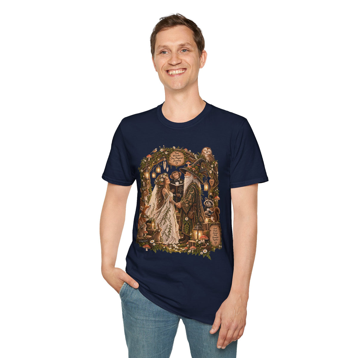 Woodland Wizard Wedding Fantasy T-Shirt — Fairy Tale Bride & Groom Illustration