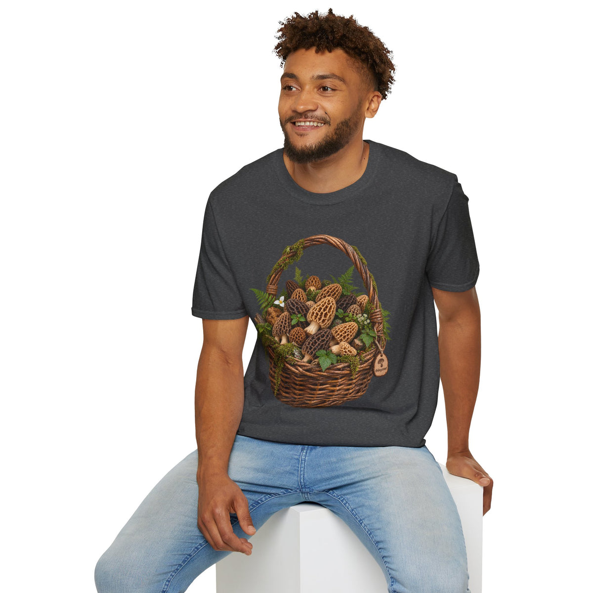 Morel Mushroom Basket T-Shirt Woodland Foraging Nature Graphic Tee Unisex Softstyle T-Shirt