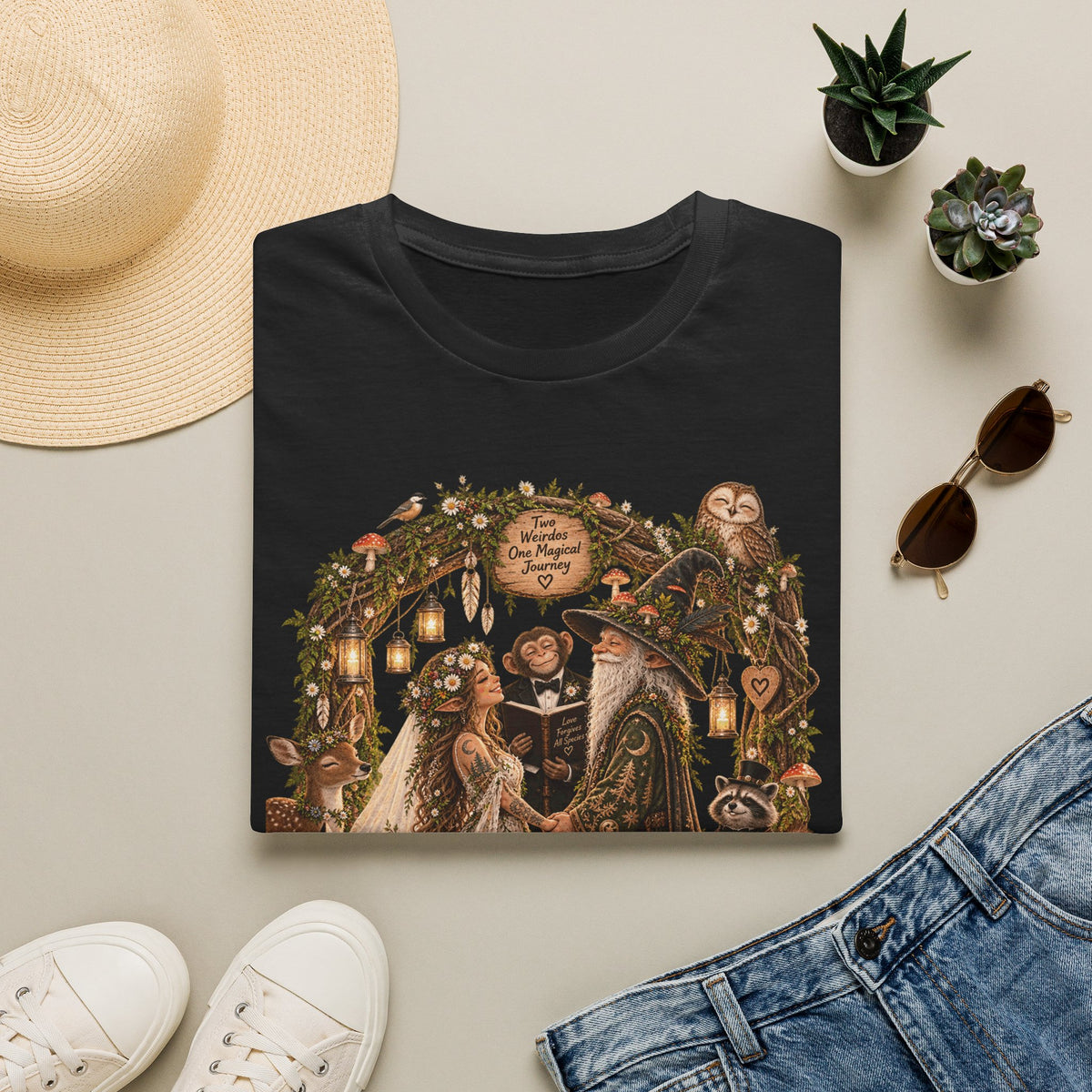 Woodland Wizard Wedding Fantasy T-Shirt — Fairy Tale Bride & Groom Illustration