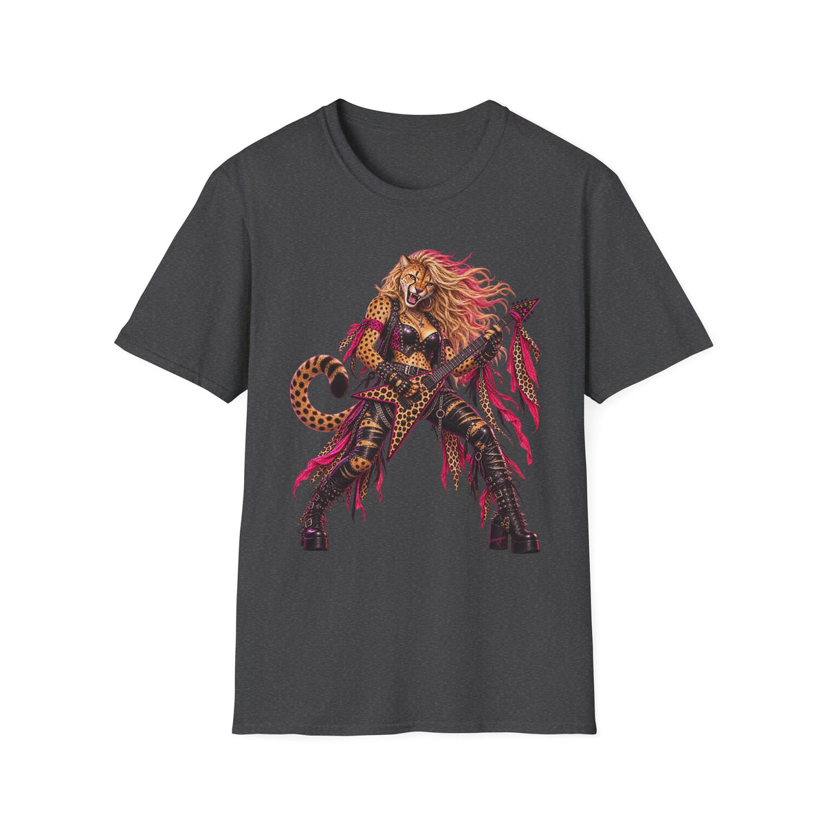 Glam Metal Cheetah Guitarist T-Shirt — Retro 80s Rock Woman Graphic Tee