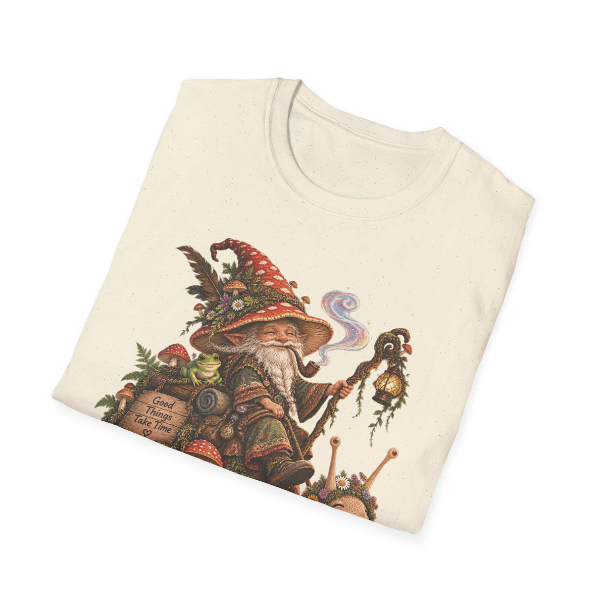 Mushroom Wizard Riding Snail T-Shirt  Whimsical Fantasy Illustration Tee