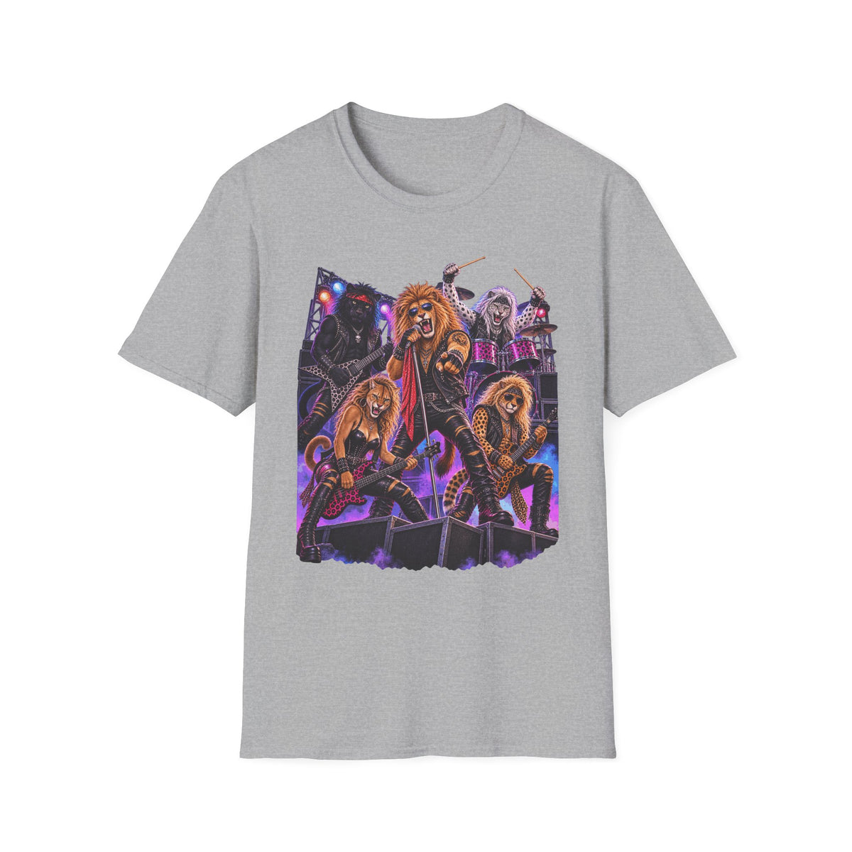 Neon Lights Retro 80s Big Cat Rock Band Graphic Tee