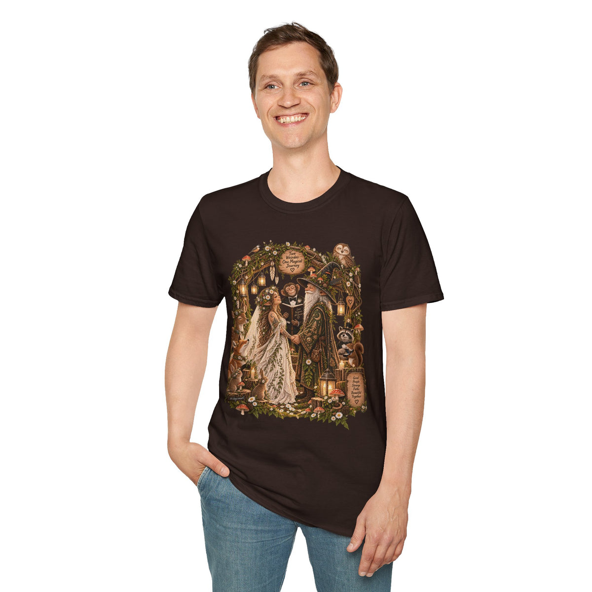 Woodland Wizard Wedding Fantasy T-Shirt — Fairy Tale Bride & Groom Illustration