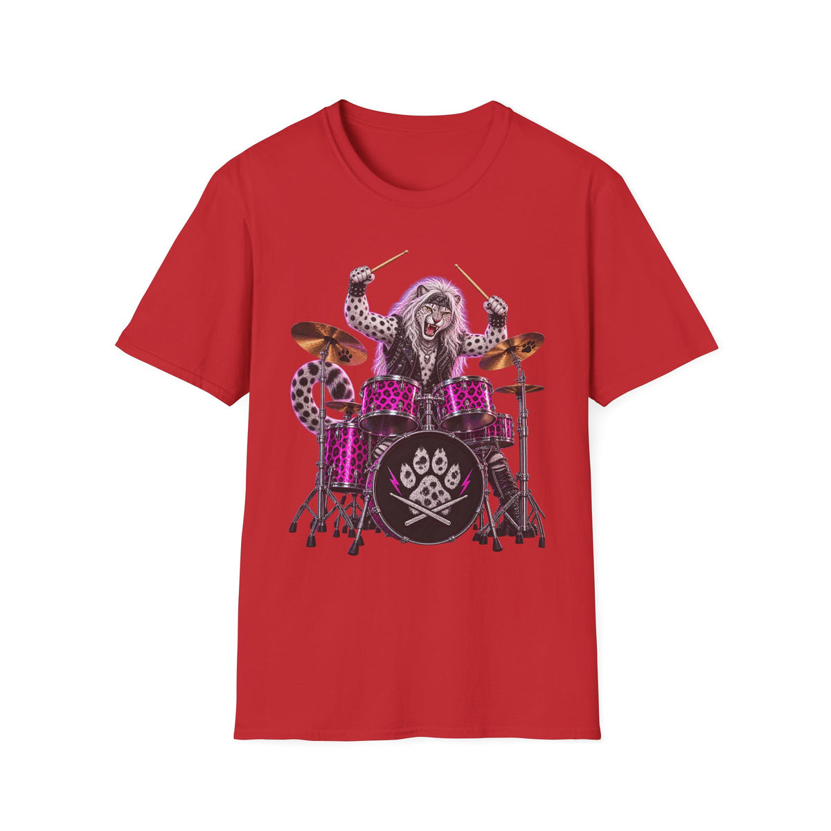 Drumming Snow Leopard T-Shirt — Cute Rock Band Animal Drum Kit Tee