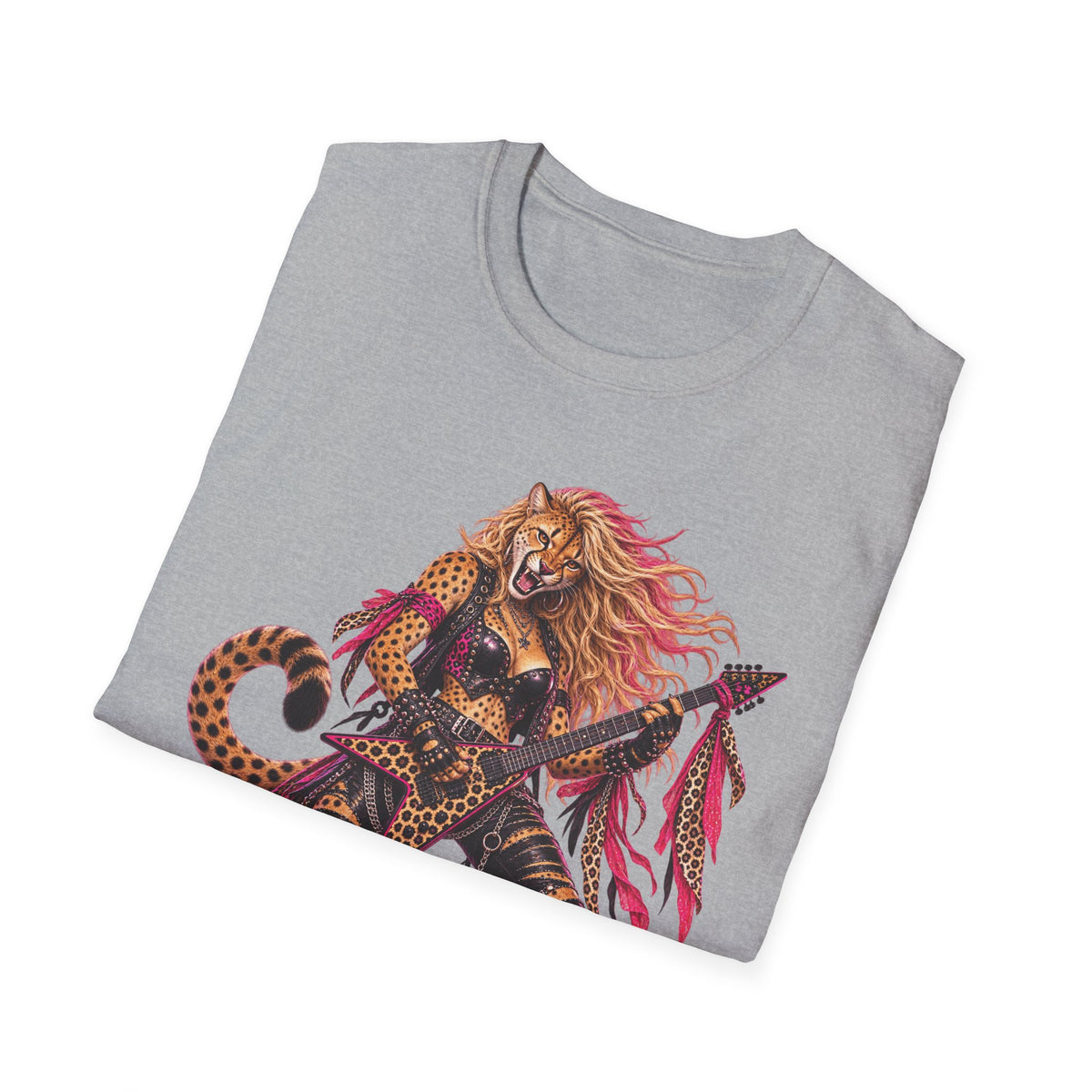 Glam Metal Cheetah Guitarist T-Shirt — Retro 80s Rock Woman Graphic Tee