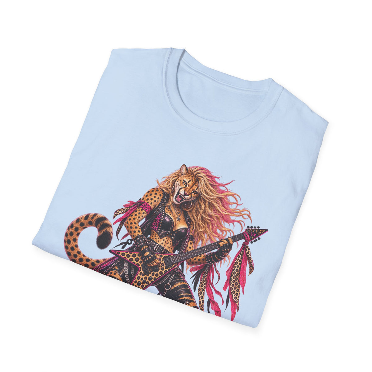 Glam Metal Cheetah Guitarist T-Shirt — Retro 80s Rock Woman Graphic Tee