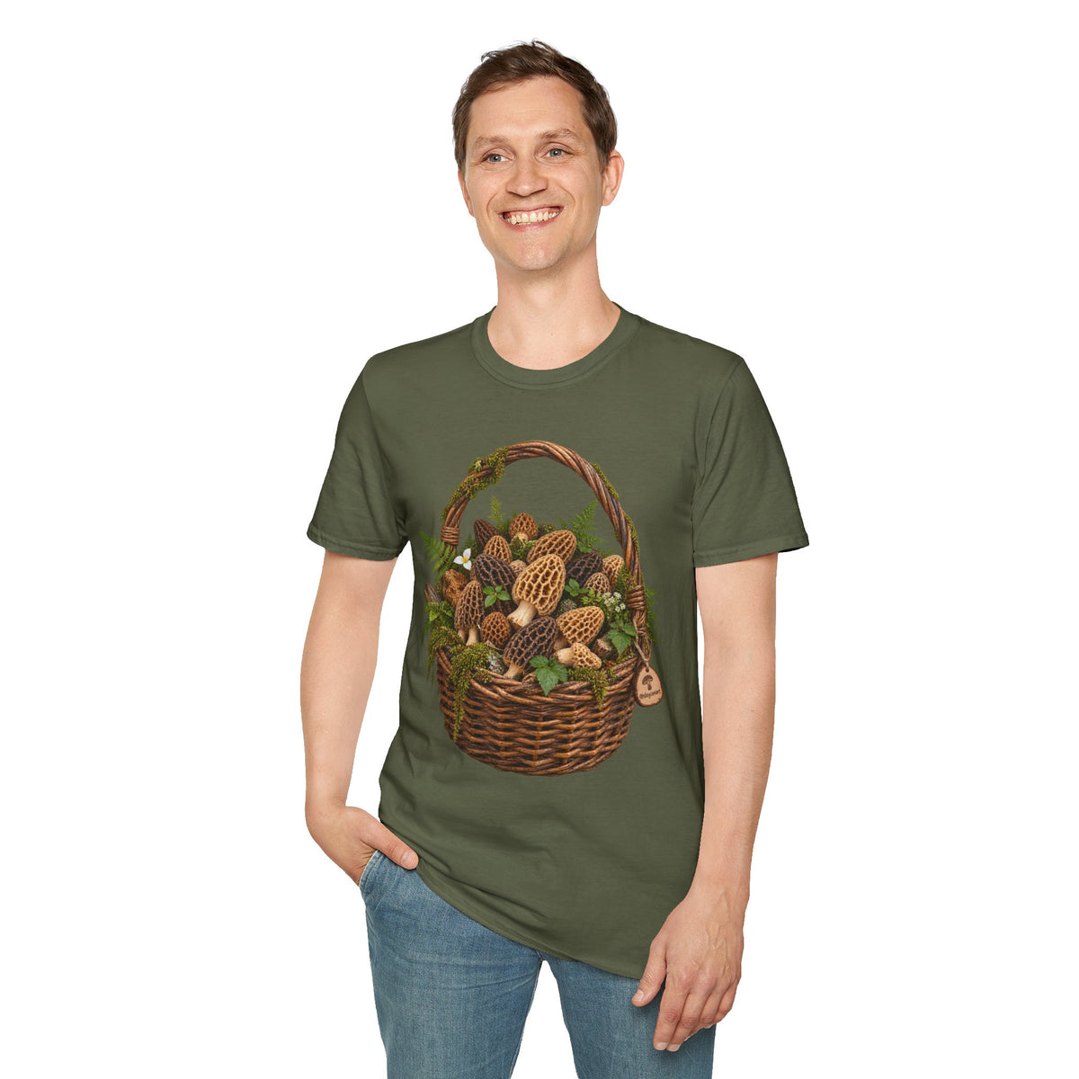 Morel Mushroom Basket T-Shirt Woodland Foraging Nature Graphic Tee Unisex Softstyle T-Shirt