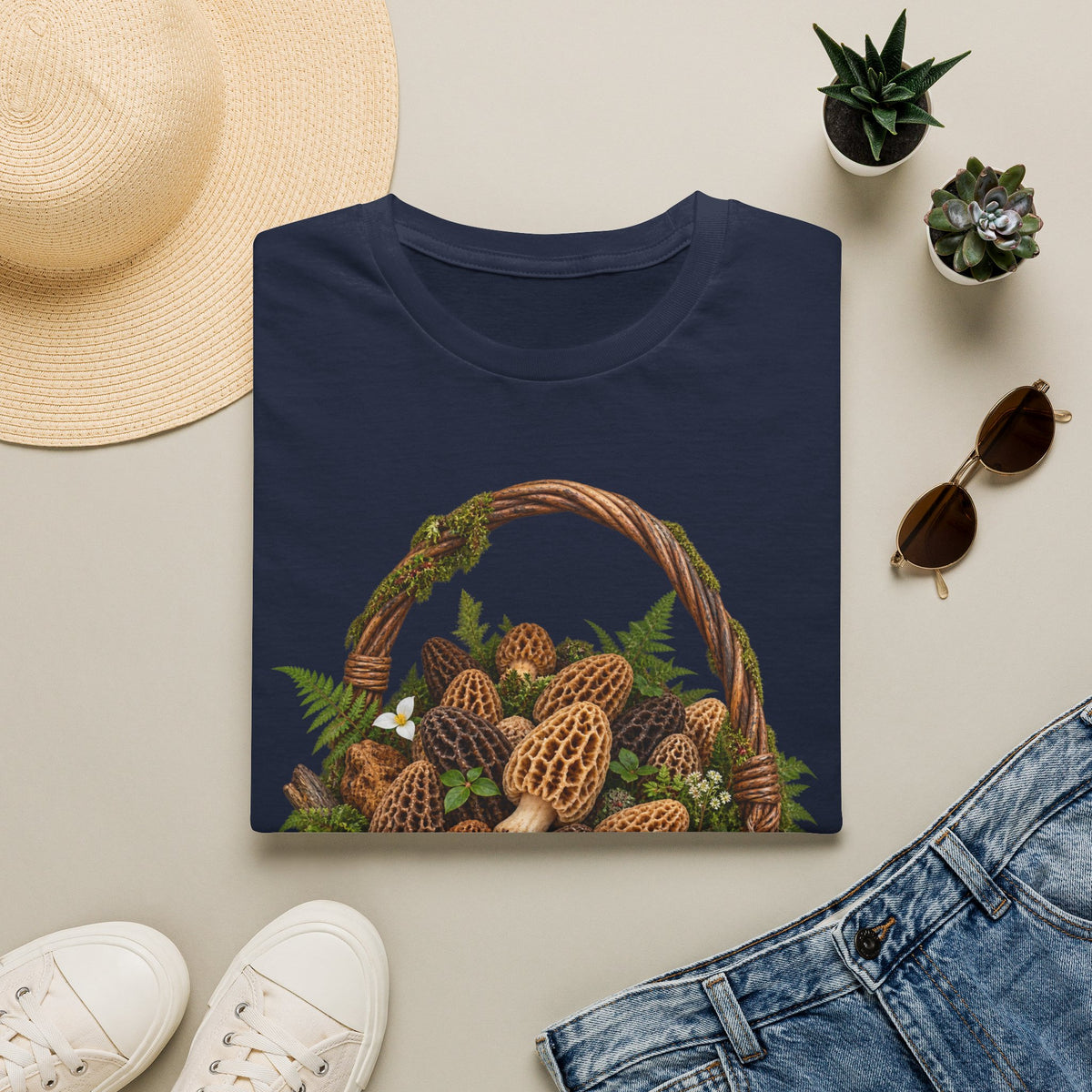 Morel Mushroom Basket T-Shirt Woodland Foraging Nature Graphic Tee Unisex Softstyle T-Shirt
