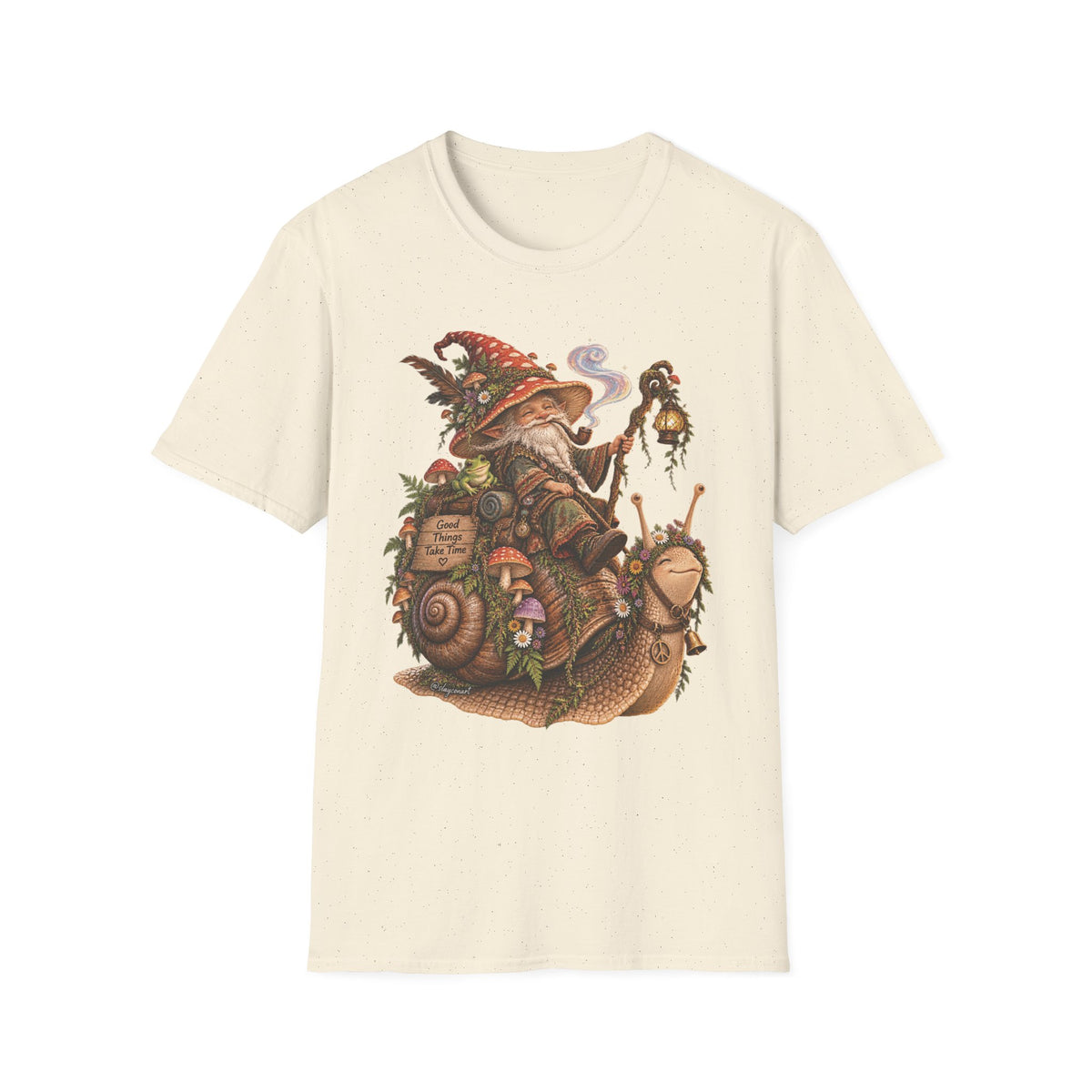 Mushroom Wizard Riding Snail T-Shirt  Whimsical Fantasy Illustration Tee