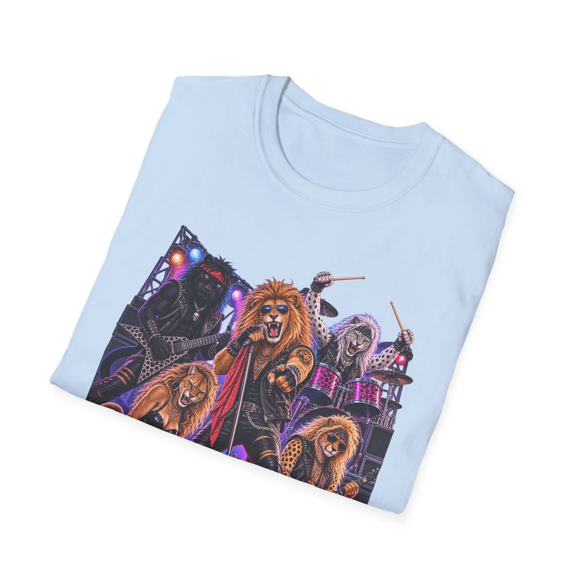 Neon Lights Retro 80s Big Cat Rock Band Graphic Tee