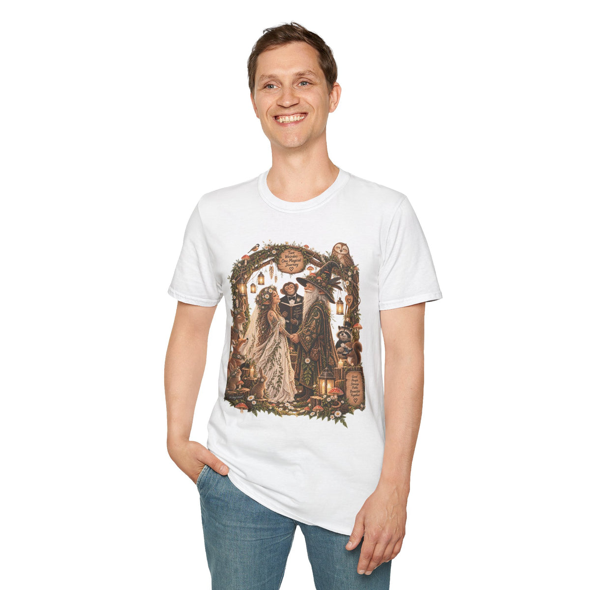Woodland Wizard Wedding Fantasy T-Shirt — Fairy Tale Bride & Groom Illustration