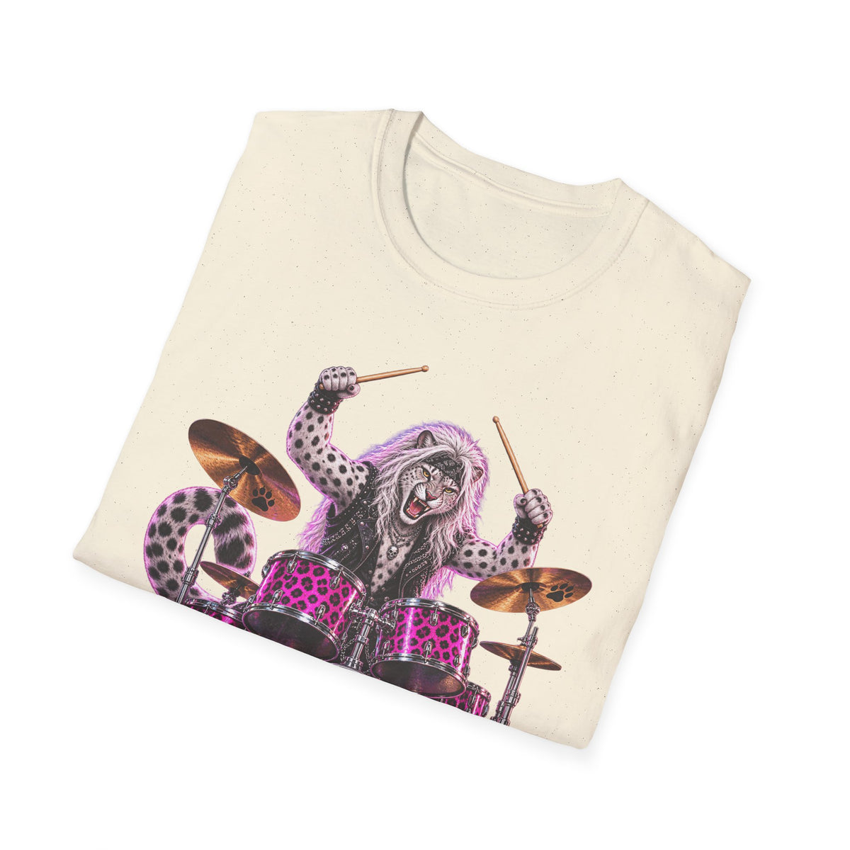 Drumming Snow Leopard T-Shirt — Cute Rock Band Animal Drum Kit Tee
