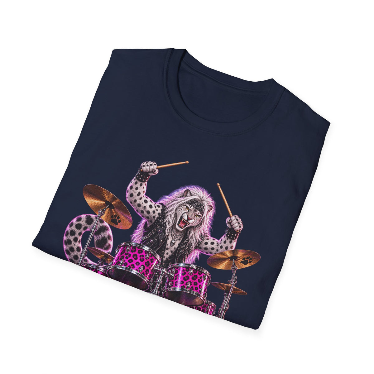 Drumming Snow Leopard T-Shirt — Cute Rock Band Animal Drum Kit Tee