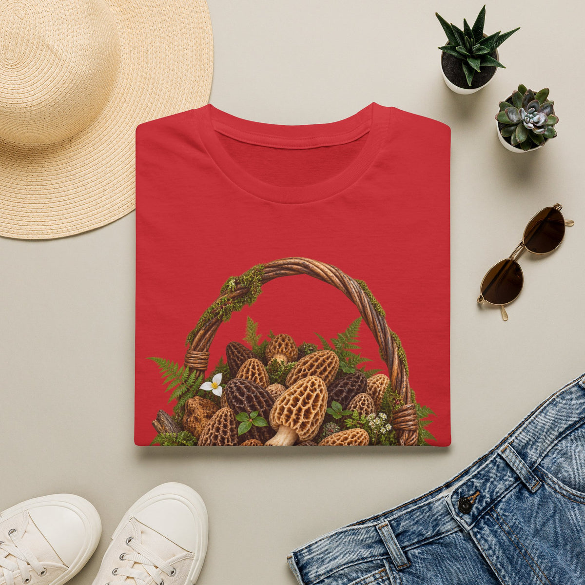 Morel Mushroom Basket T-Shirt Woodland Foraging Nature Graphic Tee Unisex Softstyle T-Shirt