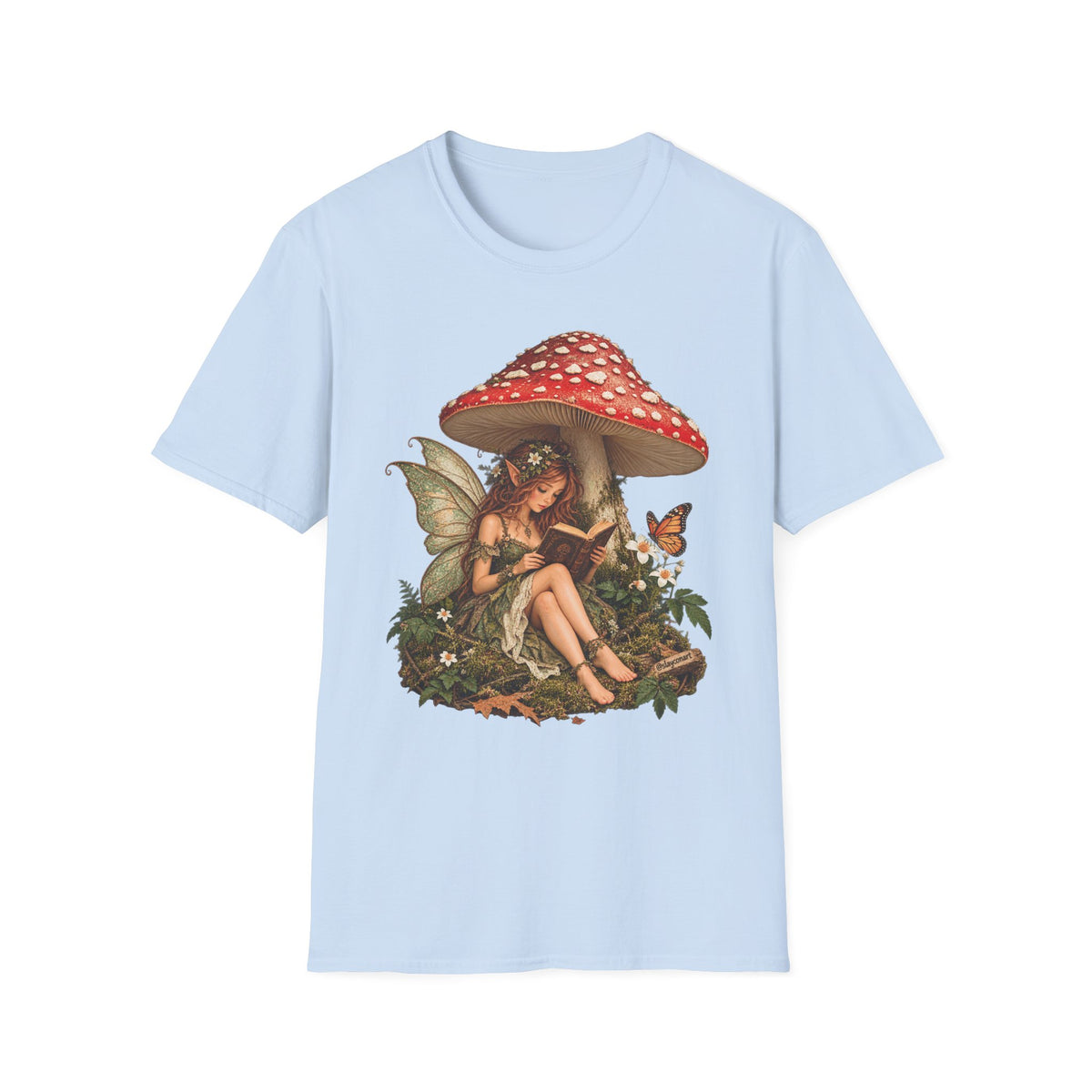 Fairy Mushroom T-Shirt — Woodland Fairy Reading Under Red Toadstool