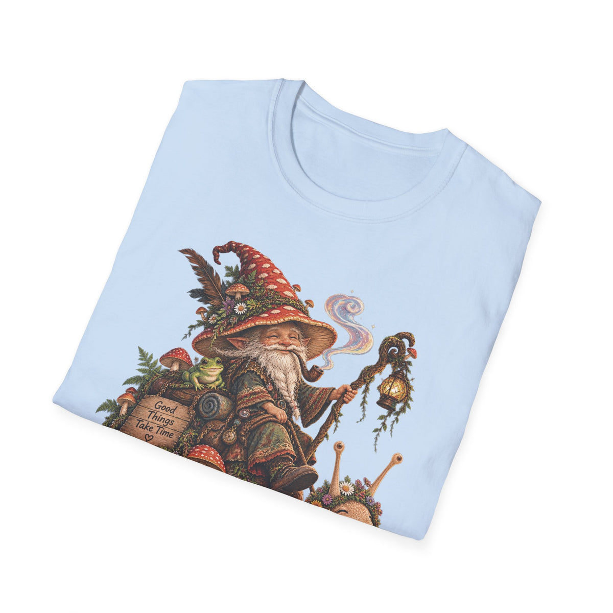 Mushroom Wizard Riding Snail T-Shirt  Whimsical Fantasy Illustration Tee