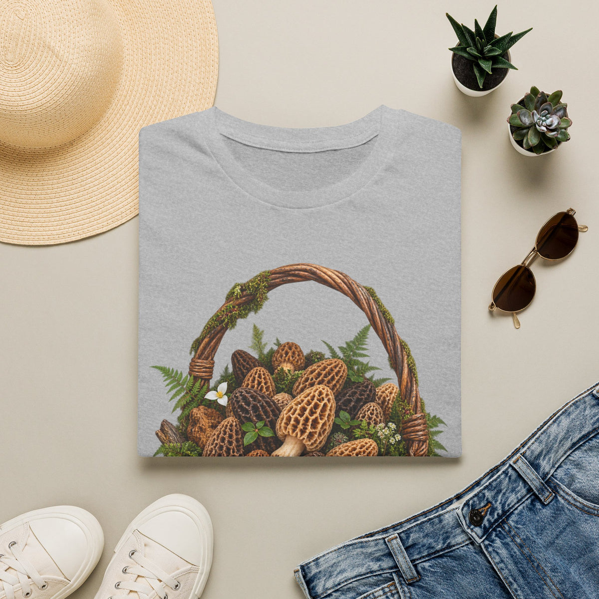 Morel Mushroom Basket T-Shirt Woodland Foraging Nature Graphic Tee Unisex Softstyle T-Shirt