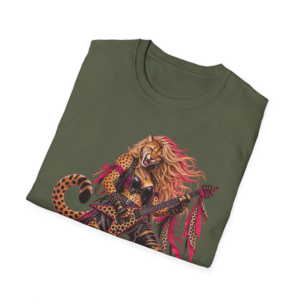 Glam Metal Cheetah Guitarist T-Shirt — Retro 80s Rock Woman Graphic Tee