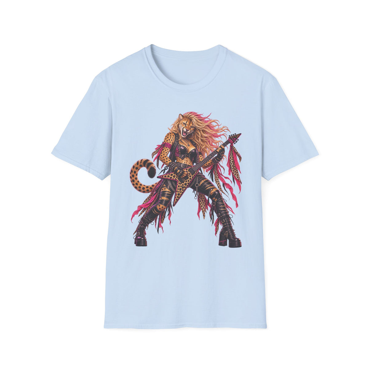Glam Metal Cheetah Guitarist T-Shirt — Retro 80s Rock Woman Graphic Tee