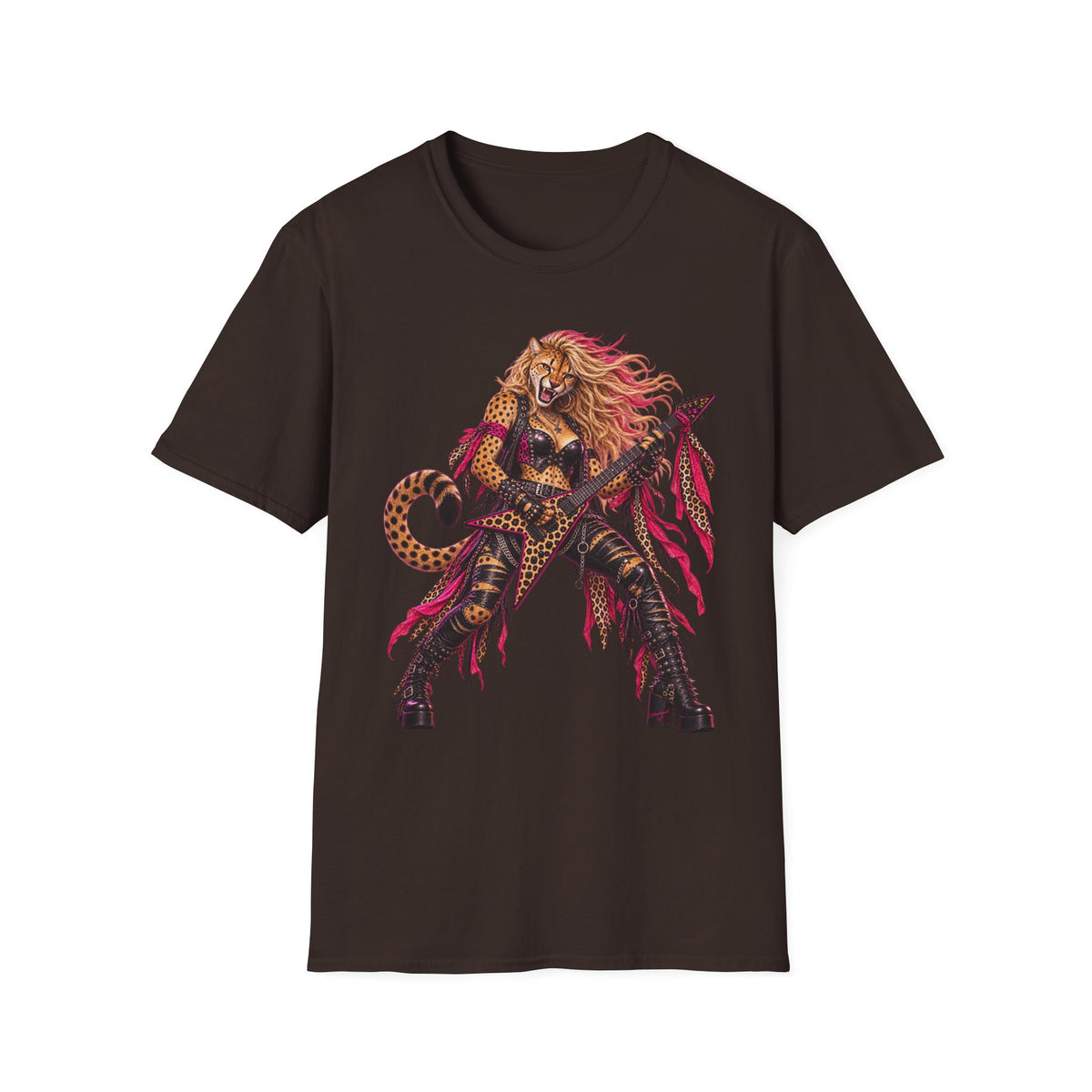 Glam Metal Cheetah Guitarist T-Shirt — Retro 80s Rock Woman Graphic Tee