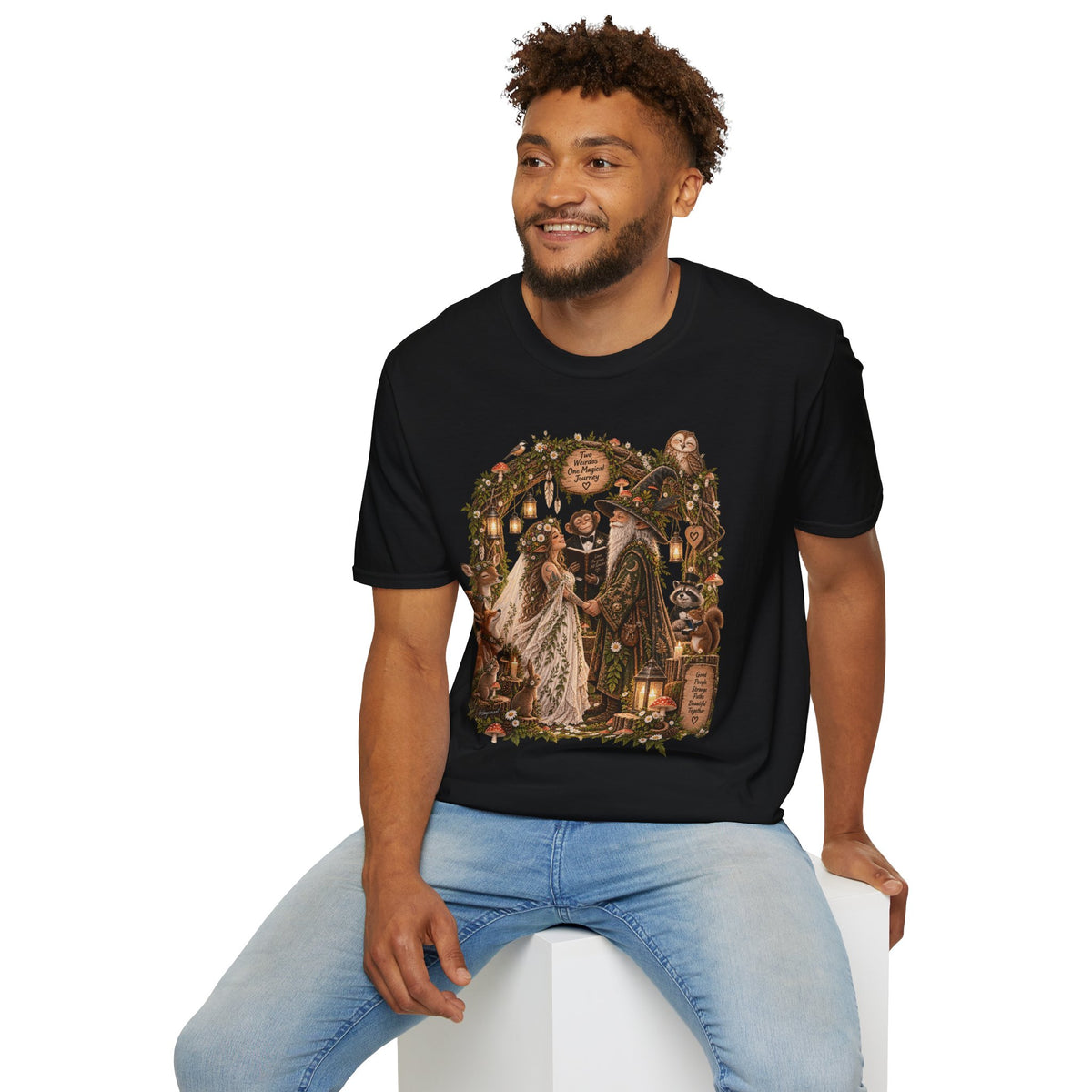 Woodland Wizard Wedding Fantasy T-Shirt — Fairy Tale Bride & Groom Illustration