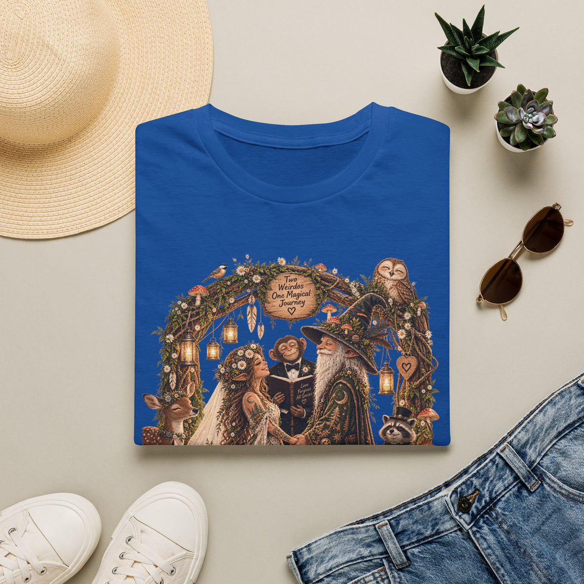 Woodland Wizard Wedding Fantasy T-Shirt — Fairy Tale Bride & Groom Illustration