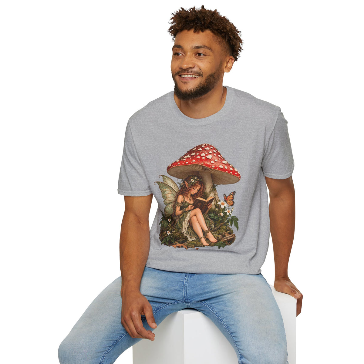 Fairy Mushroom T-Shirt — Woodland Fairy Reading Under Red Toadstool