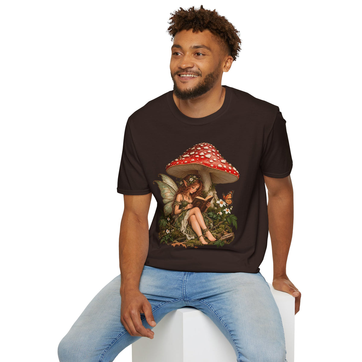 Fairy Mushroom T-Shirt — Woodland Fairy Reading Under Red Toadstool