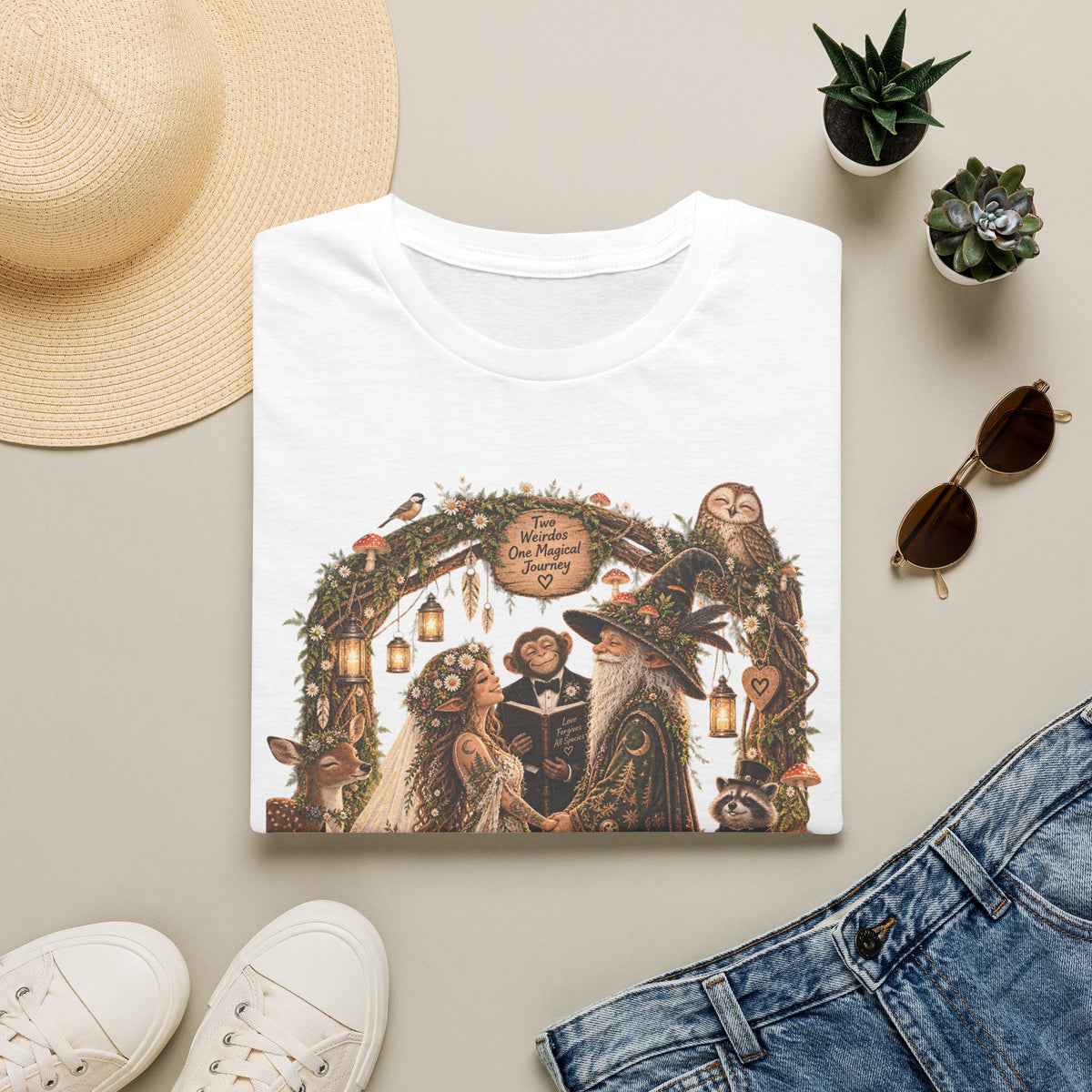 Woodland Wizard Wedding Fantasy T-Shirt — Fairy Tale Bride & Groom Illustration